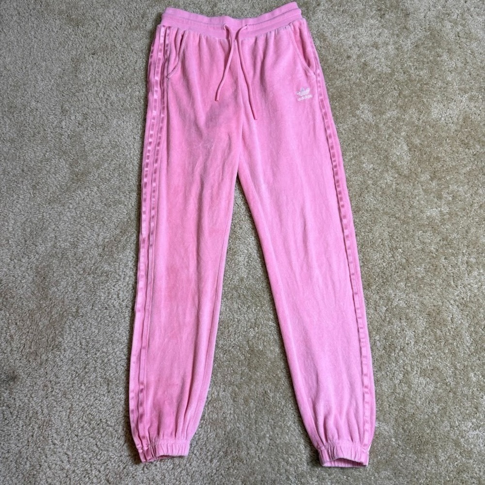 Adidas Originals Jogger Sweatpants Womens XS Pink Velour Trefoil 3 Stripe